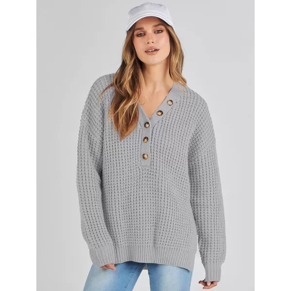 imageANRABESS Womens Oversized Sweaters Long Sleeve Loose V Neck Button Henley Tops Side Slit Pullover Knit JumperLight Grey