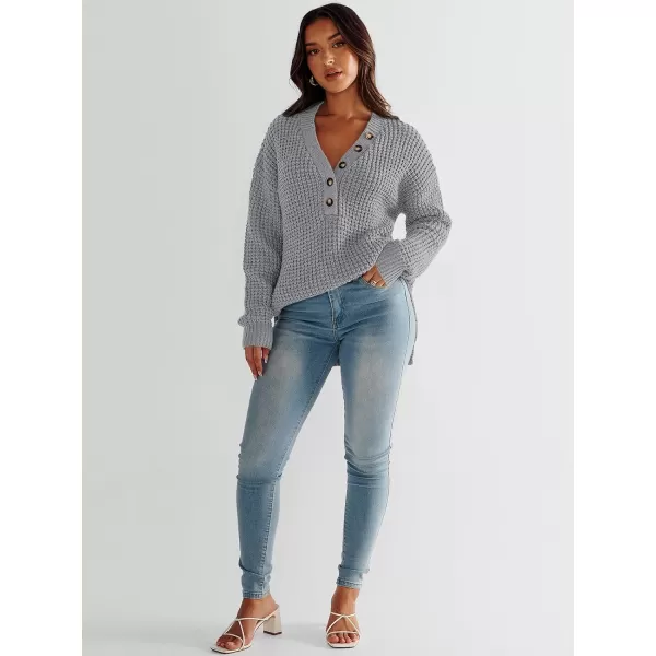 imageANRABESS Womens Oversized Sweaters Long Sleeve Loose V Neck Button Henley Tops Side Slit Pullover Knit JumperLight Grey