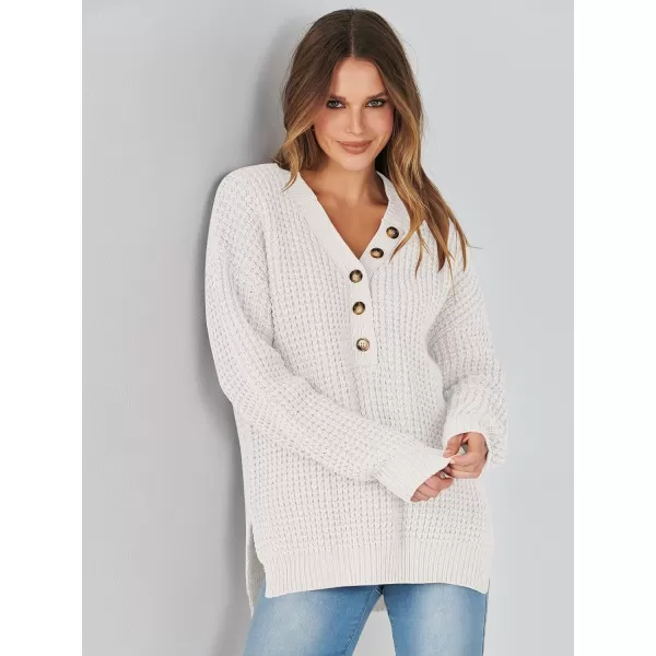 imageANRABESS Womens Oversized Sweaters Long Sleeve Loose V Neck Button Henley Tops Side Slit Pullover Knit JumperWhite