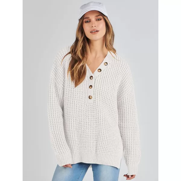 imageANRABESS Womens Oversized Sweaters Long Sleeve Loose V Neck Button Henley Tops Side Slit Pullover Knit JumperWhite