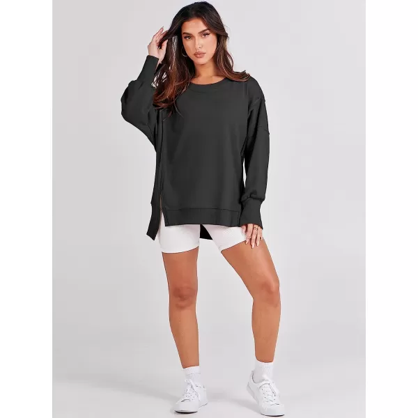 imageANRABESS Womens Oversized Sweatshirt Crew Neck Long Sleeve Casual Slit Sloucthy Pullover Top Fall ClothesBlack