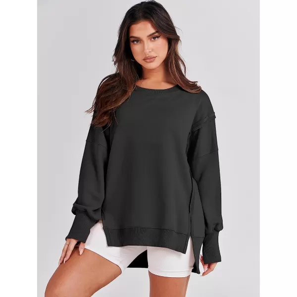 imageANRABESS Womens Oversized Sweatshirt Crew Neck Long Sleeve Casual Slit Sloucthy Pullover Top Fall ClothesBlack