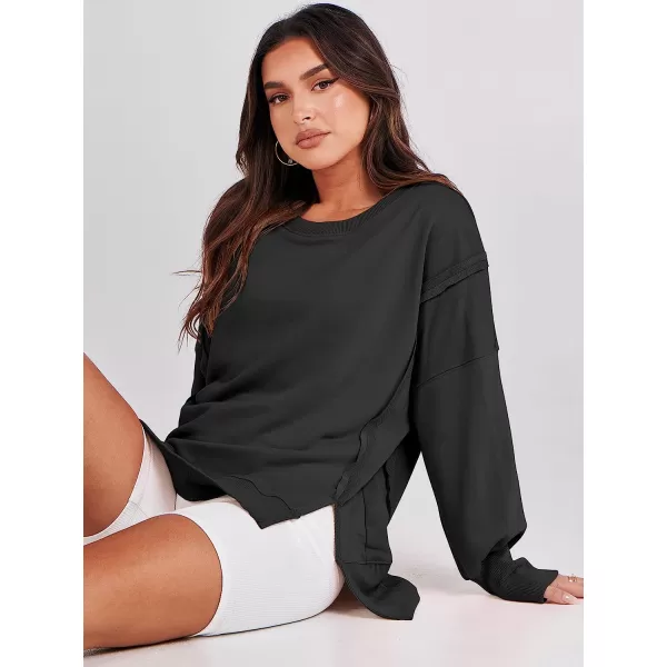 imageANRABESS Womens Oversized Sweatshirt Crew Neck Long Sleeve Casual Slit Sloucthy Pullover Top Fall ClothesBlack