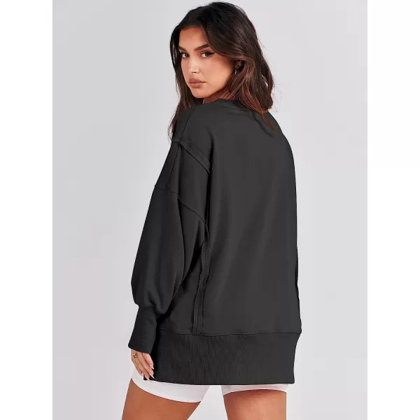 imageANRABESS Womens Oversized Sweatshirt Crew Neck Long Sleeve Casual Slit Sloucthy Pullover Top Fall ClothesBlack