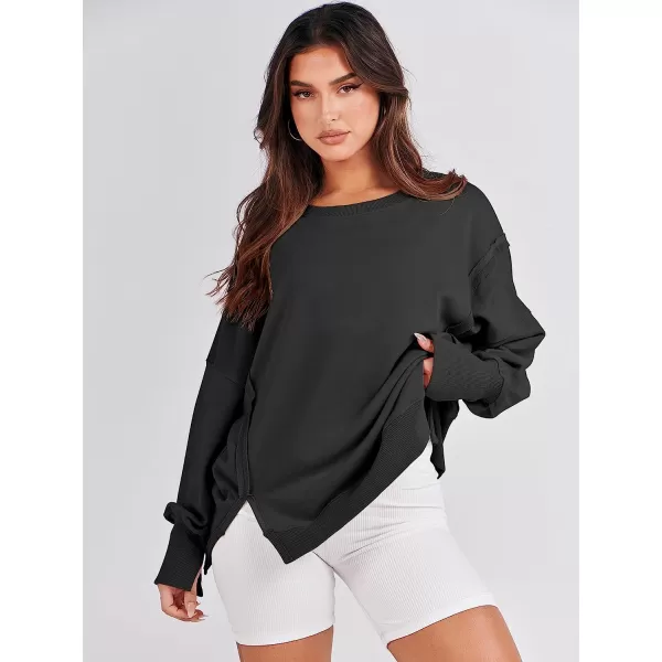 imageANRABESS Womens Oversized Sweatshirt Crew Neck Long Sleeve Casual Slit Sloucthy Pullover Top Fall ClothesBlack
