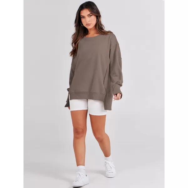 imageANRABESS Womens Oversized Sweatshirt Crew Neck Long Sleeve Casual Slit Sloucthy Pullover Top Fall ClothesBrown