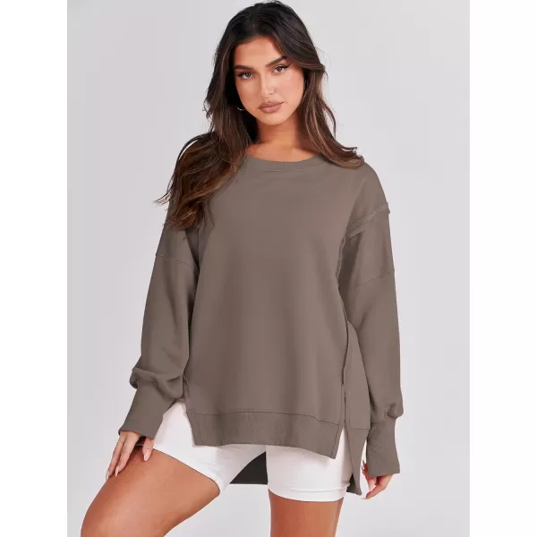 imageANRABESS Womens Oversized Sweatshirt Crew Neck Long Sleeve Casual Slit Sloucthy Pullover Top Fall ClothesBrown