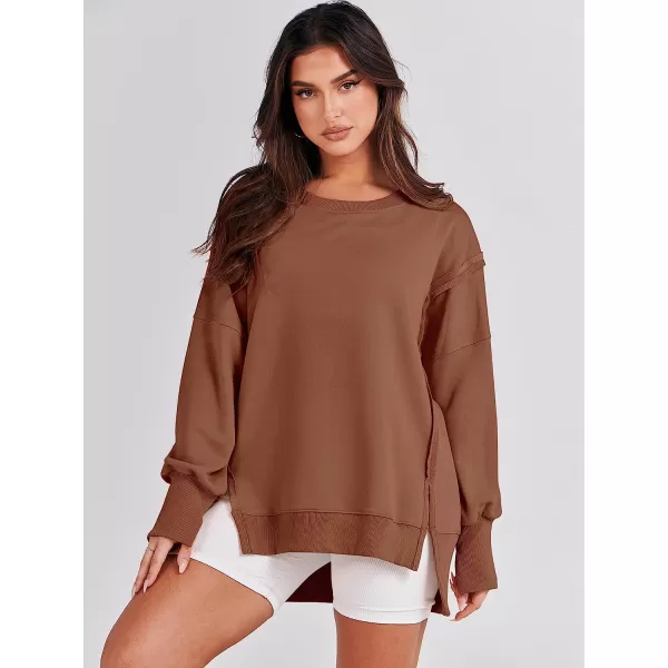 imageANRABESS Womens Oversized Sweatshirt Crew Neck Long Sleeve Casual Slit Sloucthy Pullover Top Fall ClothesCaramel