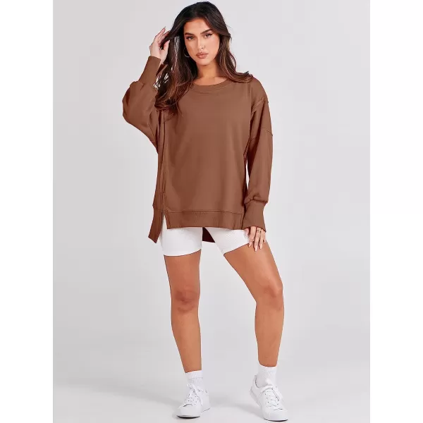 imageANRABESS Womens Oversized Sweatshirt Crew Neck Long Sleeve Casual Slit Sloucthy Pullover Top Fall ClothesCaramel