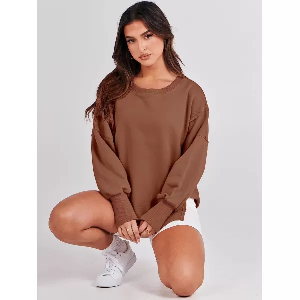 imageANRABESS Womens Oversized Sweatshirt Crew Neck Long Sleeve Casual Slit Sloucthy Pullover Top Fall ClothesCaramel