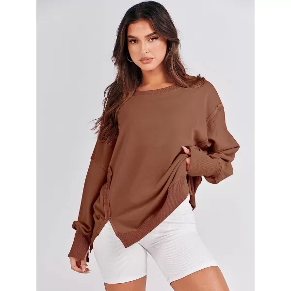 imageANRABESS Womens Oversized Sweatshirt Crew Neck Long Sleeve Casual Slit Sloucthy Pullover Top Fall ClothesCaramel