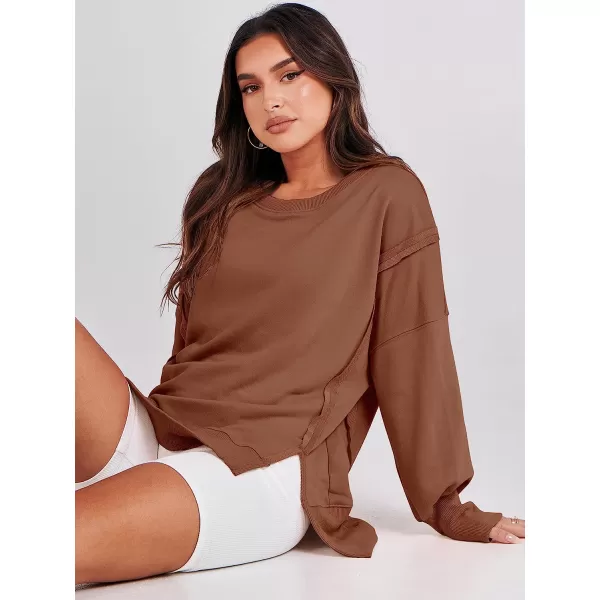 imageANRABESS Womens Oversized Sweatshirt Crew Neck Long Sleeve Casual Slit Sloucthy Pullover Top Fall ClothesCaramel