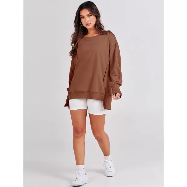 imageANRABESS Womens Oversized Sweatshirt Crew Neck Long Sleeve Casual Slit Sloucthy Pullover Top Fall ClothesCaramel