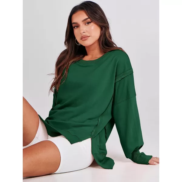 imageANRABESS Womens Oversized Sweatshirt Crew Neck Long Sleeve Casual Slit Sloucthy Pullover Top Fall ClothesDeep Green