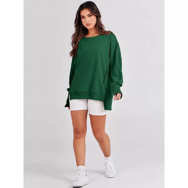 imageANRABESS Womens Oversized Sweatshirt Crew Neck Long Sleeve Casual Slit Sloucthy Pullover Top Fall ClothesDeep Green
