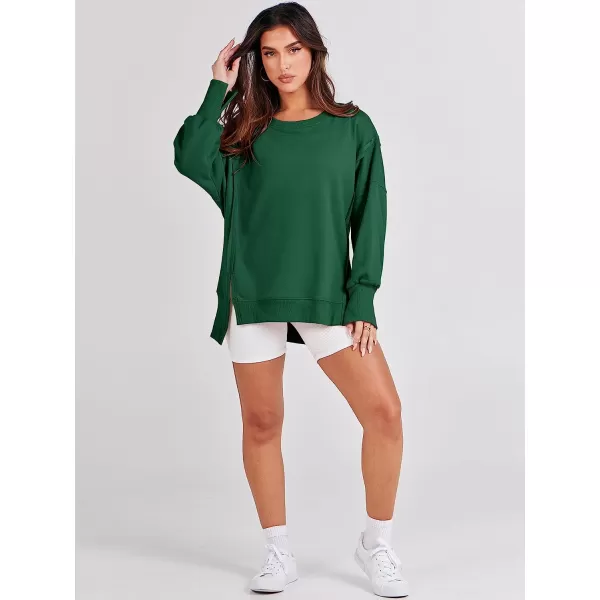 imageANRABESS Womens Oversized Sweatshirt Crew Neck Long Sleeve Casual Slit Sloucthy Pullover Top Fall ClothesDeep Green