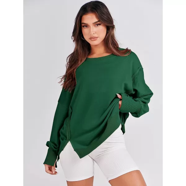imageANRABESS Womens Oversized Sweatshirt Crew Neck Long Sleeve Casual Slit Sloucthy Pullover Top Fall ClothesDeep Green