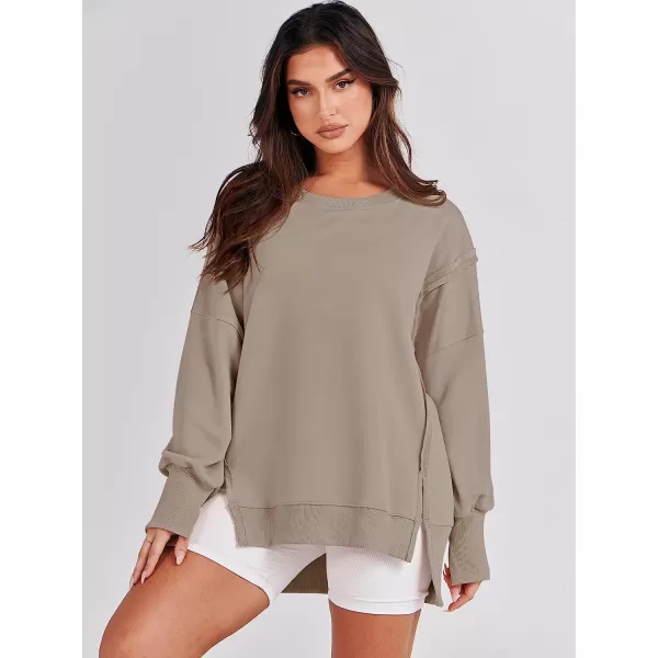 imageANRABESS Womens Oversized Sweatshirt Crew Neck Long Sleeve Casual Slit Sloucthy Pullover Top Fall ClothesKhaki