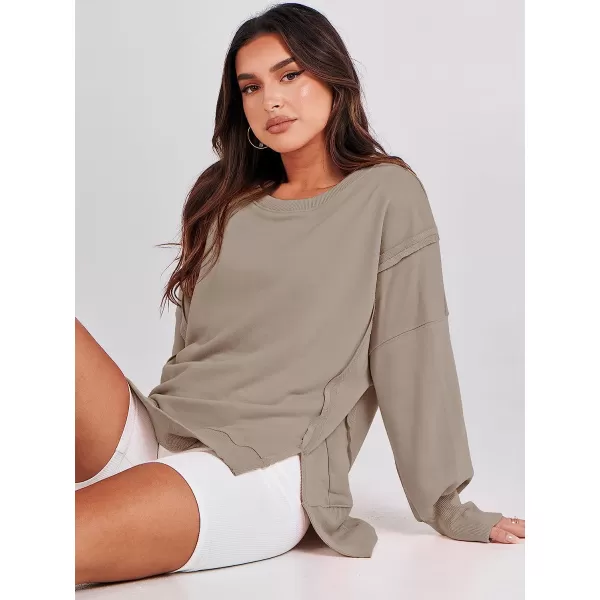 imageANRABESS Womens Oversized Sweatshirt Crew Neck Long Sleeve Casual Slit Sloucthy Pullover Top Fall ClothesKhaki