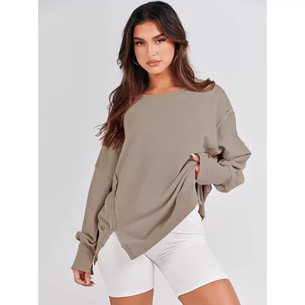 imageANRABESS Womens Oversized Sweatshirt Crew Neck Long Sleeve Casual Slit Sloucthy Pullover Top Fall ClothesKhaki