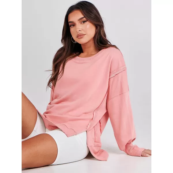 imageANRABESS Womens Oversized Sweatshirt Crew Neck Long Sleeve Casual Slit Sloucthy Pullover Top Fall ClothesPink