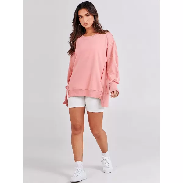 imageANRABESS Womens Oversized Sweatshirt Crew Neck Long Sleeve Casual Slit Sloucthy Pullover Top Fall ClothesPink