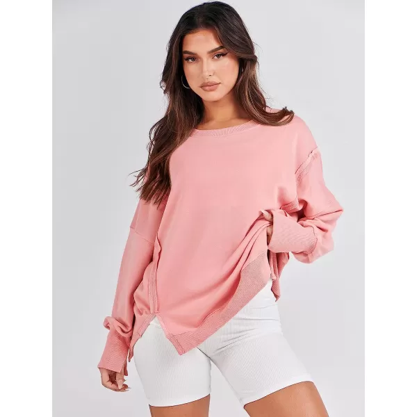 imageANRABESS Womens Oversized Sweatshirt Crew Neck Long Sleeve Casual Slit Sloucthy Pullover Top Fall ClothesPink