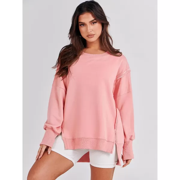 imageANRABESS Womens Oversized Sweatshirt Crew Neck Long Sleeve Casual Slit Sloucthy Pullover Top Fall ClothesPink