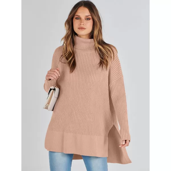 imageANRABESS Womens Oversized Turtleneck Sweater 2023 Winter Trendy Ribbed Knit Pullover Tunic SweaterKhaki Pink