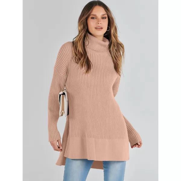 imageANRABESS Womens Oversized Turtleneck Sweater 2023 Winter Trendy Ribbed Knit Pullover Tunic SweaterKhaki Pink