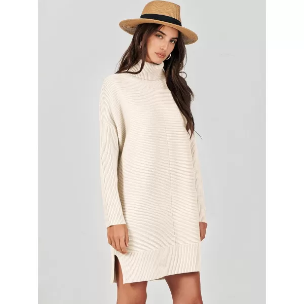 imageANRABESS Womens Oversized Turtleneck Sweaters Dress Pullover Batwing Sleeve Split Hem 2023 Winter Casual Short DressApricot