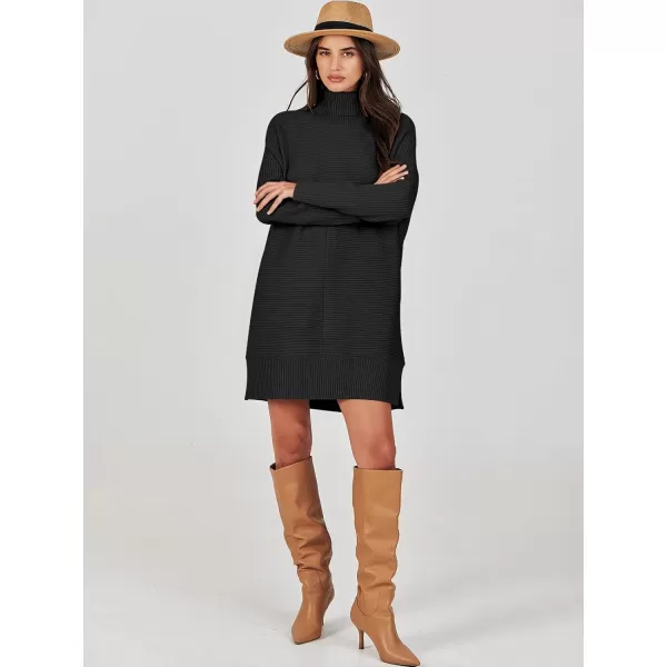 imageANRABESS Womens Oversized Turtleneck Sweaters Dress Pullover Batwing Sleeve Split Hem 2023 Winter Casual Short DressBlack
