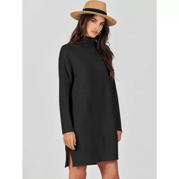 imageANRABESS Womens Oversized Turtleneck Sweaters Dress Pullover Batwing Sleeve Split Hem 2023 Winter Casual Short DressBlack