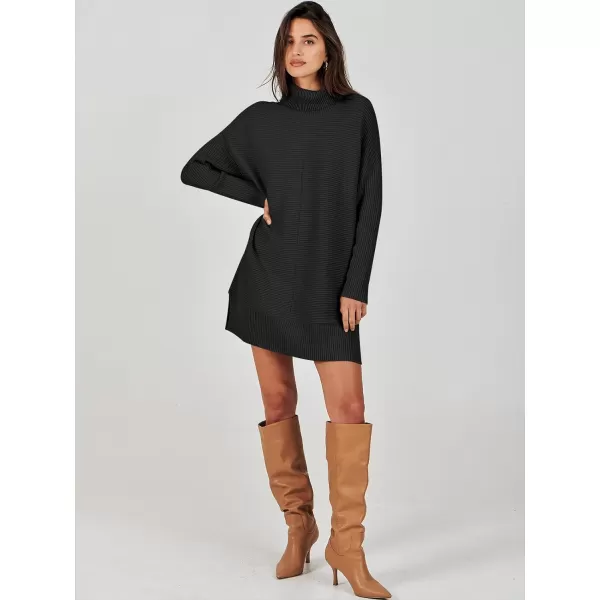 imageANRABESS Womens Oversized Turtleneck Sweaters Dress Pullover Batwing Sleeve Split Hem 2023 Winter Casual Short DressBlack