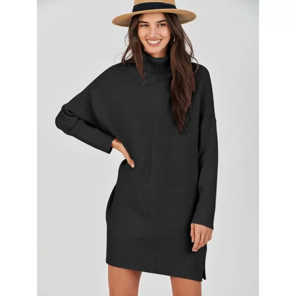 imageANRABESS Womens Oversized Turtleneck Sweaters Dress Pullover Batwing Sleeve Split Hem 2023 Winter Casual Short DressBlack