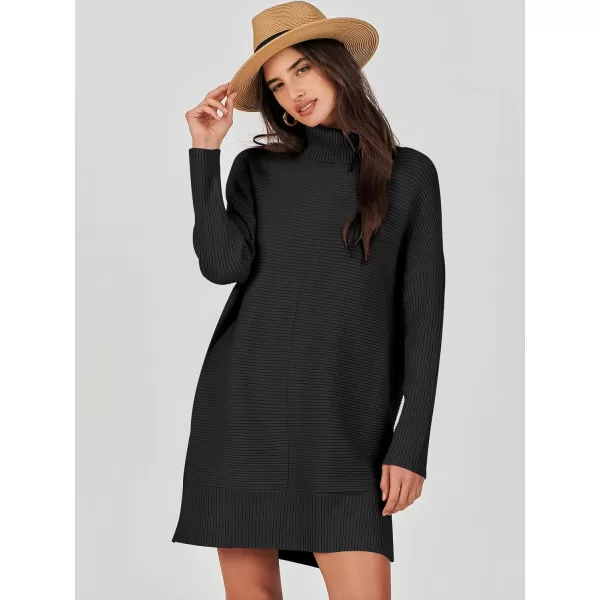 imageANRABESS Womens Oversized Turtleneck Sweaters Dress Pullover Batwing Sleeve Split Hem 2023 Winter Casual Short DressBlack