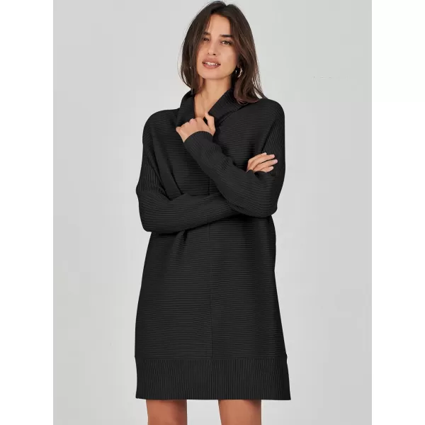 imageANRABESS Womens Oversized Turtleneck Sweaters Dress Pullover Batwing Sleeve Split Hem 2023 Winter Casual Short DressBlack