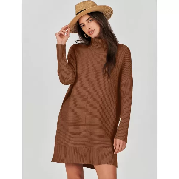 imageANRABESS Womens Oversized Turtleneck Sweaters Dress Pullover Batwing Sleeve Split Hem 2023 Winter Casual Short DressCaramel