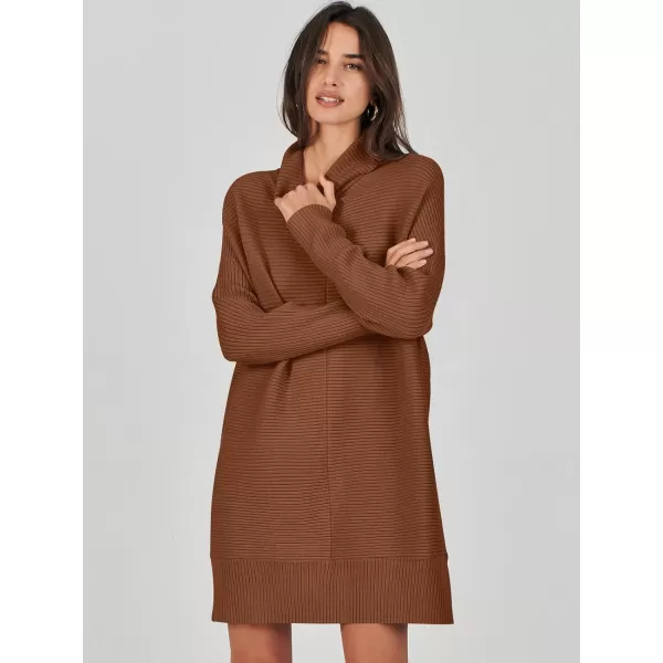 imageANRABESS Womens Oversized Turtleneck Sweaters Dress Pullover Batwing Sleeve Split Hem 2023 Winter Casual Short DressCaramel