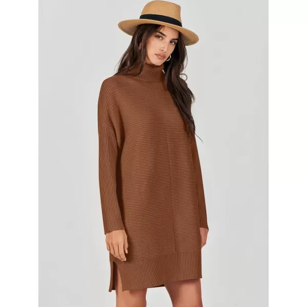 imageANRABESS Womens Oversized Turtleneck Sweaters Dress Pullover Batwing Sleeve Split Hem 2023 Winter Casual Short DressCaramel