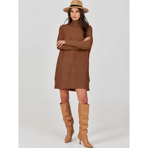imageANRABESS Womens Oversized Turtleneck Sweaters Dress Pullover Batwing Sleeve Split Hem 2023 Winter Casual Short DressCaramel