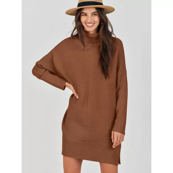 imageANRABESS Womens Oversized Turtleneck Sweaters Dress Pullover Batwing Sleeve Split Hem 2023 Winter Casual Short DressCaramel