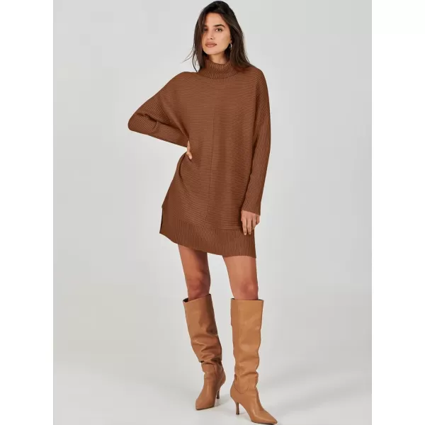imageANRABESS Womens Oversized Turtleneck Sweaters Dress Pullover Batwing Sleeve Split Hem 2023 Winter Casual Short DressCaramel