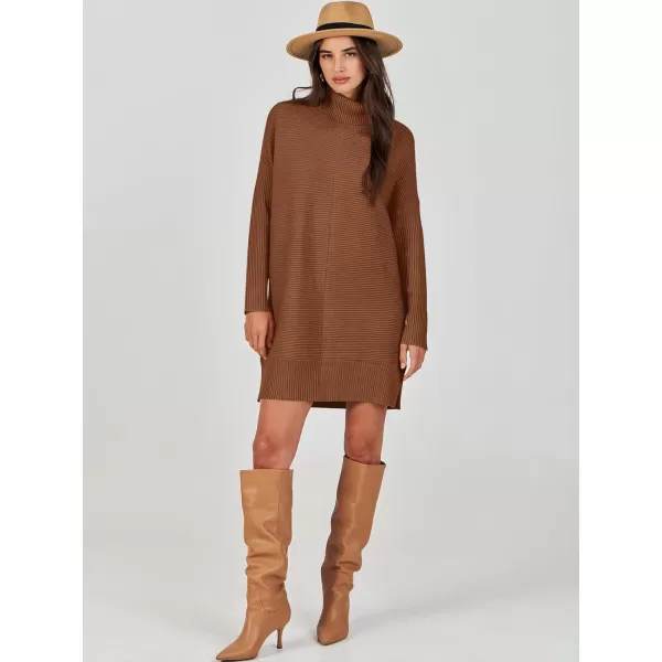 imageANRABESS Womens Oversized Turtleneck Sweaters Dress Pullover Batwing Sleeve Split Hem 2023 Winter Casual Short DressCaramel
