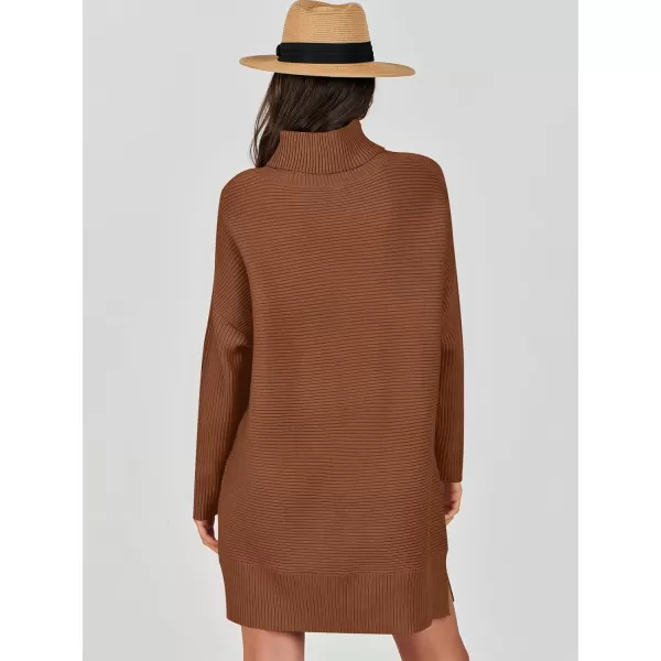 imageANRABESS Womens Oversized Turtleneck Sweaters Dress Pullover Batwing Sleeve Split Hem 2023 Winter Casual Short DressCaramel