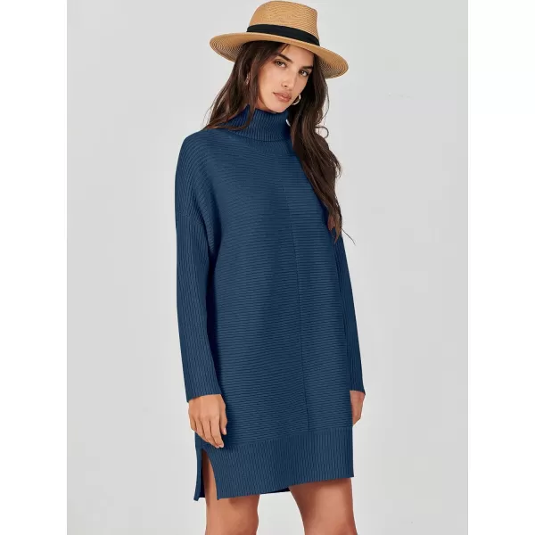 imageANRABESS Womens Oversized Turtleneck Sweaters Dress Pullover Batwing Sleeve Split Hem 2023 Winter Casual Short DressDark Blue