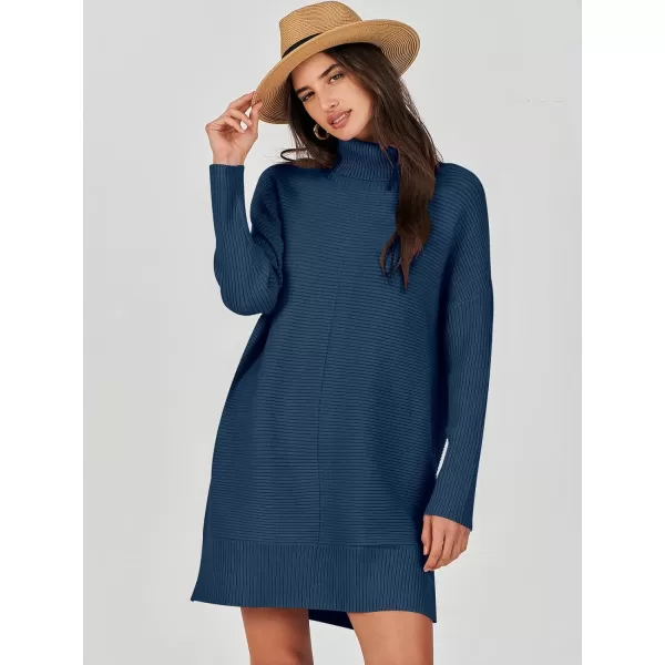 imageANRABESS Womens Oversized Turtleneck Sweaters Dress Pullover Batwing Sleeve Split Hem 2023 Winter Casual Short DressDark Blue