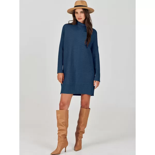 imageANRABESS Womens Oversized Turtleneck Sweaters Dress Pullover Batwing Sleeve Split Hem 2023 Winter Casual Short DressDark Blue