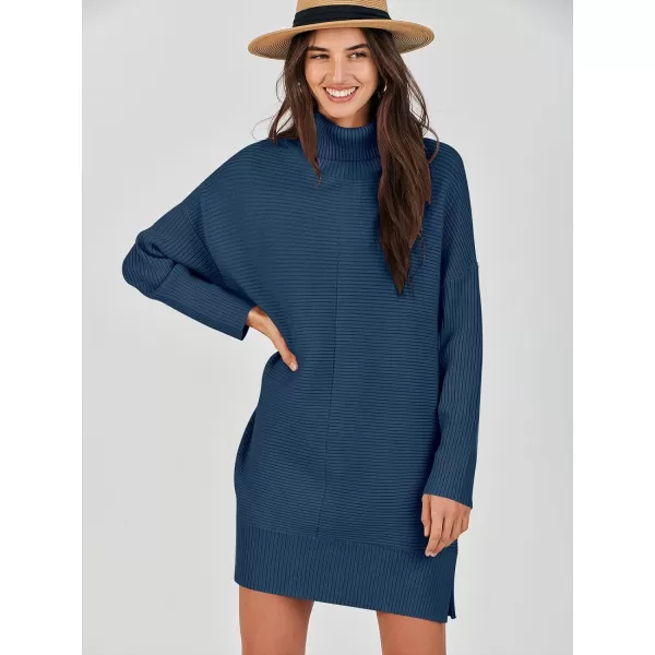 imageANRABESS Womens Oversized Turtleneck Sweaters Dress Pullover Batwing Sleeve Split Hem 2023 Winter Casual Short DressDark Blue
