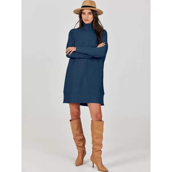 imageANRABESS Womens Oversized Turtleneck Sweaters Dress Pullover Batwing Sleeve Split Hem 2023 Winter Casual Short DressDark Blue